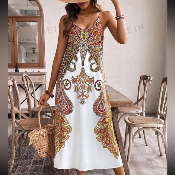 Bohemian Style Printed Spaghetti Strap, Orange, Red Gypsy long boho dress size L - Picture 1 of 6